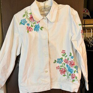 Sarah Bentley Embroidered Floral Shirt Jacket Women’s White Button Size M Vtg